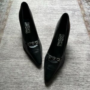Salvatore Ferragamo Black Leather Pointed Toe Pumps with Silver Accents